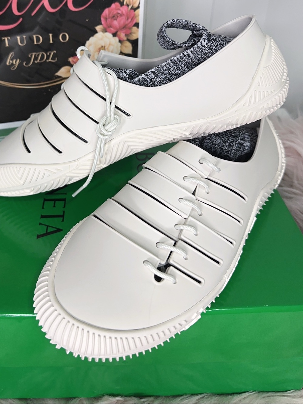 Bottega Veneta White Slip-On Rubber Sneakers with Laced Cutouts